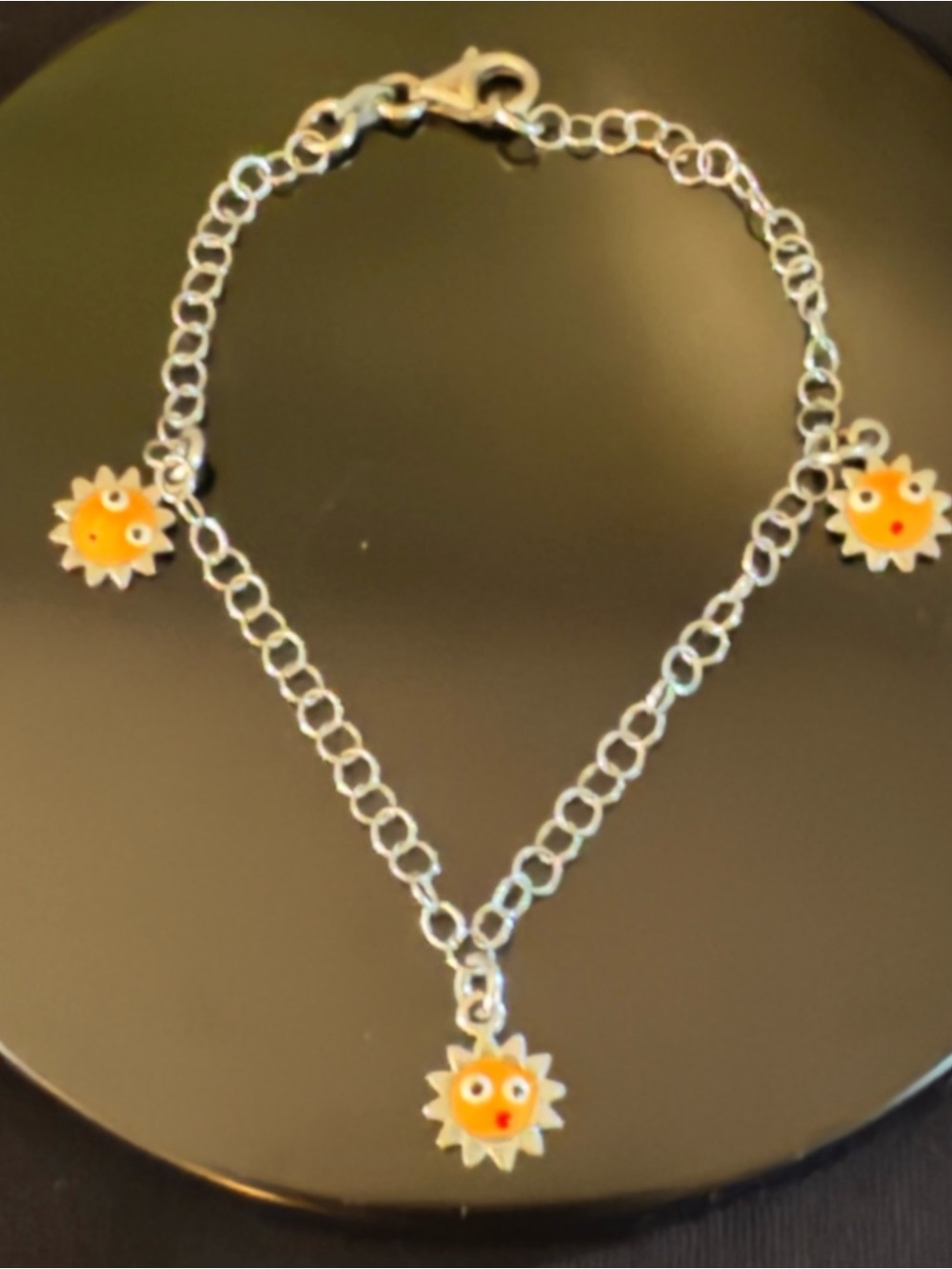 Sterling Silver Enamel Sun Charm Bracelet 925 Whimsical Orange Sunshine